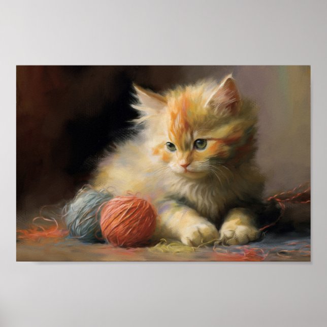 Sticka upplever Orange Kitten som leker med garn Poster (Framsidan)