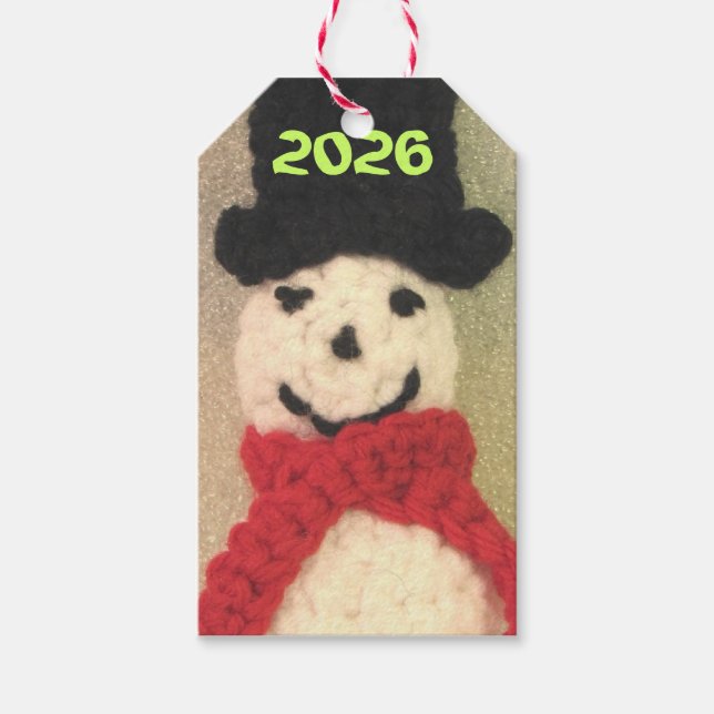 Stickad Snömannen Juldekoration Presentetikett (Framsidan)