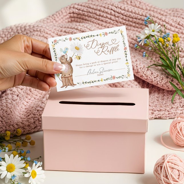 Stickad Träbjörn Bebis Shower Blöja Lotteri Tilläggskort (Knitted Woodland Bear Baby Shower Diaper Raffle Enclosure Card)