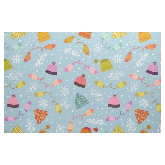 Stickade mössor och handskar Blå vinter mönster Tyg (Fat Quarter)