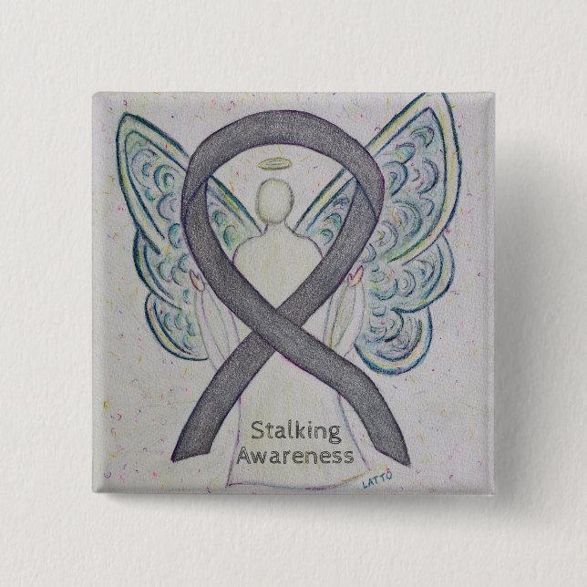 Stickande medvetandegörande Ribbon Silver Angel Ar Knapp (Framsida)