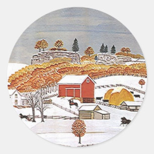 Sticker Antique Folkart Rural Farm Red Barn Winter Runt Klistermärke