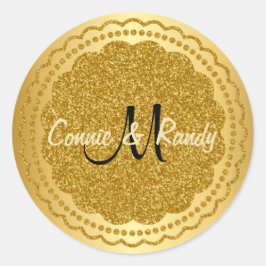 Sticker av guldfoil Glitter Monogram Bröllop Runt Klistermärke
