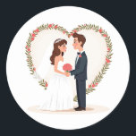 Sticker bröllop Kärlek Runt Klistermärke<br><div class="desc">Fångar på ett perfekt sätt glädjen och kärlek i en bröllopsdag med en leende brud och grav omgiven av blommigtens hjärtan. Perfekt för romantisk dekoration eller personifiering av bröllop-relaterade objekt.</div>