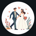 Sticker bröllop par Romantik Runt Klistermärke<br><div class="desc">Fira kärlek med den här charmerande illustrationen av en brud- och groomddans,  omgiven av hjärtan och blommor,  perfekt för romantiskt tillfälle.</div>