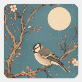 Sticker Carré Moonlit Bird on Blossom Branch Fyrkantigt Klistermärke