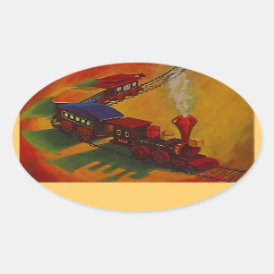 Sticker Colorful Vintage Miniature Tåg leksak leks Ovalt Klistermärke