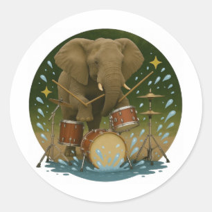 Sticker: Elephant Pluting Drums in a Vatten Tub Runt Klistermärke