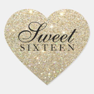 Sticker - Guld Glitter Fab Sweet 16 Hjärtformat Klistermärke