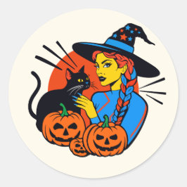 Sticker Halloween häxmed en katt Runt Klistermärke