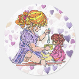 Sticker Little Girl och Baby Doll Runt Klistermärke