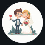 Sticker lycklig Bröllop Runt Klistermärke<br><div class="desc">Ett nygift pars tecknad-klistermärke,  där brudgummen håller en hjärtformad ballong och båda ler vackert,  perfekt för bröllop firande!</div>