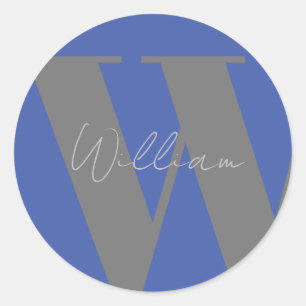 STICKER Monogram namn blue grått snyggt Runt Klistermärke