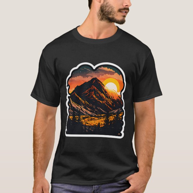 Sticker Mountain Bevalt Sunset Art T Shirt (Framsida)