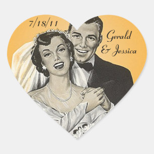 Sticker Retro par Giftermål Bröllop hjärtdatum Hjärtformat Klistermärke