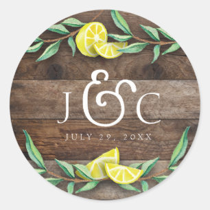 STICKER Rustic Wood Lemon Watercolor Bröllop Runt Klistermärke