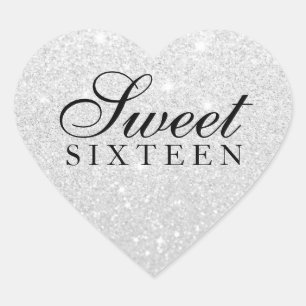 Sticker - Silver Glitter Fab Sweet 16 Hjärtformat Klistermärke