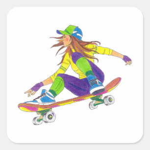 Sticker Skateboard Girl Fyrkantigt Klistermärke