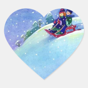 Sticker Sleding Winter Roligt Play Snowing Sled Ba Hjärtformat Klistermärke