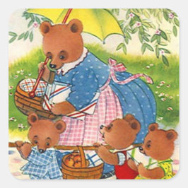 Sticker Vintage Bears Picnic Summer Family Reunion Fyrkantigt Klistermärke