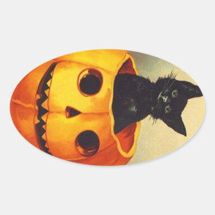 Sticker Vintage Halloween Black Kitten i JOL Cat Ovalt Klistermärke