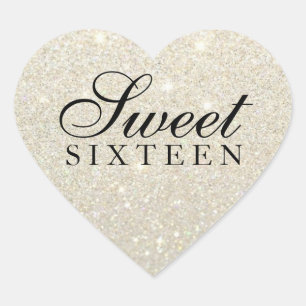 Sticker - vit Guld Glitter Fab Sweet 16 Hjärtformat Klistermärke