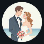 Stickers bröllop Kärlek Runt Klistermärke<br><div class="desc">Ett nytt pars berömvärda digitala konst som håller händer med en bukett av ro,  perfekt för att fira kärlek och giftermål.</div>
