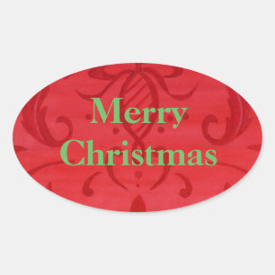 Stickers för Bright Red Damask God jul Ovalt Klistermärke