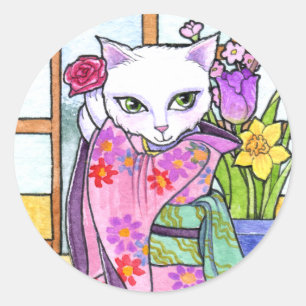 Stickers Geisha Asian Cat Fantasy av Ann Howard Runt Klistermärke
