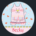 Stickers Rosa Cat Ballerina Chanukah Round Runt Klistermärke<br><div class="desc">"Rosa Cat Ballerina, Lycklig Chanukah" Stickers Round. Ha roligt att använda de här klisterlapparna som tårtspatchar, presenter, märkre för att stänga påsar eller spelar ingen roll sten, dina festligheter! Anpassa genom att ta bort text och lägga till din egen ord med ditt favoritteckensnitt stil, storlek och färg. Tack för att...</div>