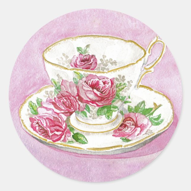 Stickers - Rosa ros Blommigt Tekopp & Saucer Runt Klistermärke (Framsida)