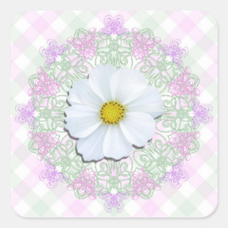 Stickers - Vita Cosmos på Snöre och Lattice Fyrkantigt Klistermärke