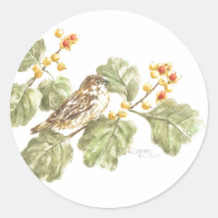 Stickers Watercolor Bird on Autumn Gren Round Runt Klistermärke