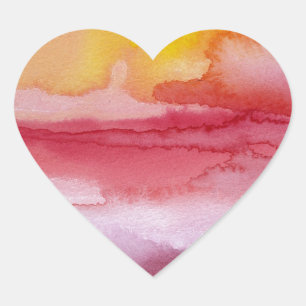 Stiga upp - Röd Abstrakt Ombre Watercolor Sunsrise Hjärtformat Klistermärke