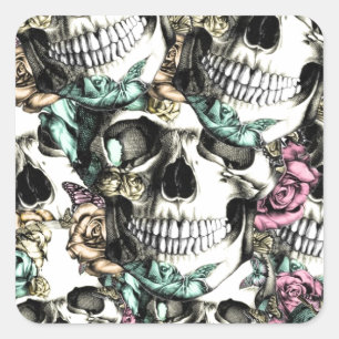 Stigande ned rosa döskallar med fjärilar fyrkantigt klistermärke