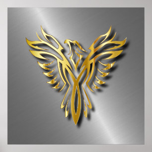 Stigning Golden Phoenix Guld Flamor med skuggor Poster