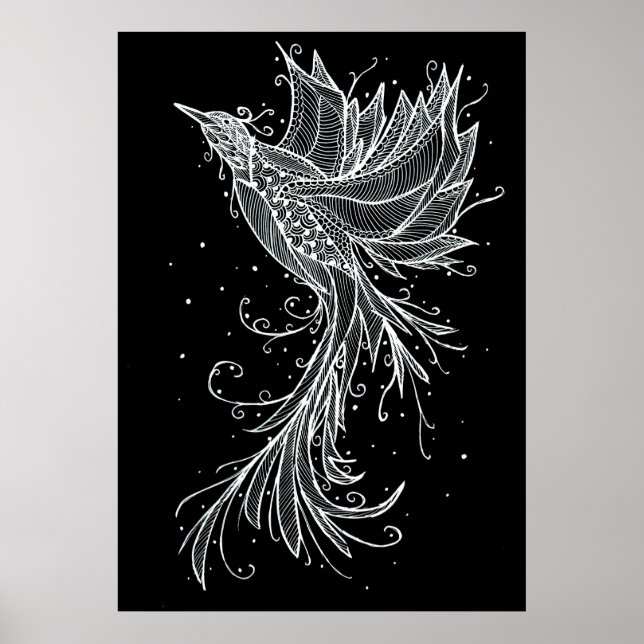Stigning Phoenix vit på svart Lineart-Poster Poster (Framsidan)