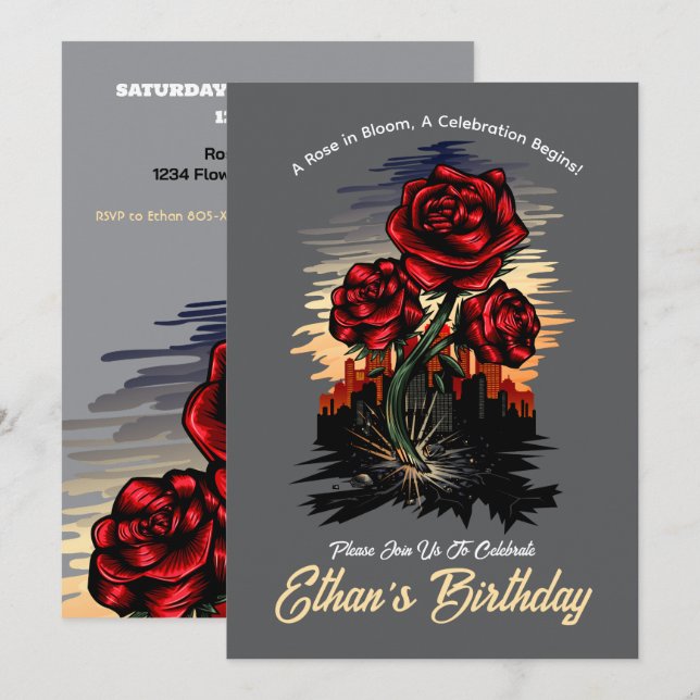 Stigning Ro - Elegantens Blommigt födelsedag Inbjudningar (Fram/baksida)