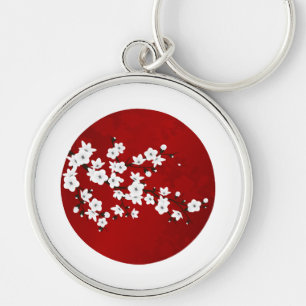 Stigning Sol Cherry Blommar Red Black White Rund Silverfärgad Nyckelring