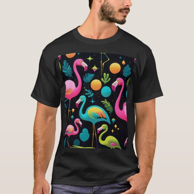 stil Groovy Abstrakt Flamingos 1970 T Shirt (Framsida)