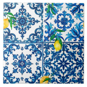 Stil,Medelhavet,mosaik,blått,citron, Kakelplatta
