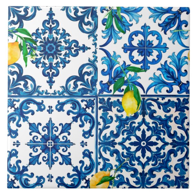 Stil,Medelhavet,mosaik,blått,citron, Kakelplatta (Framsidan)