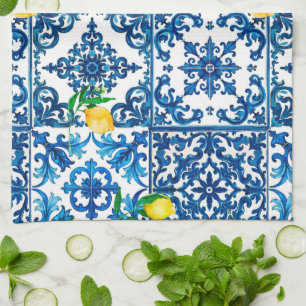 Stil,Medelhavet,mosaik,blått,citron, Kökshandduk