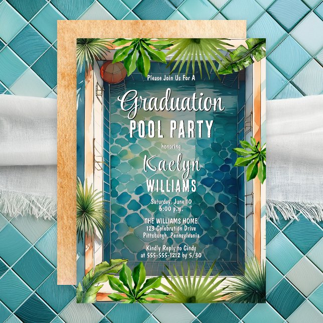 Stil, sommaren Studenten Bassäng Party Inbjudningar (Luxury Mediterranean Style Summer Graduation Pool Party Invitation - Print | Digital Download)