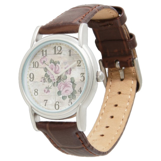 Stil: Women's Brown Leather Strap Watch/Flowers Armbandsur (Vinklad)