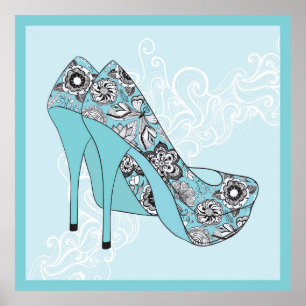 Stiletto Blommigt Shoes in Blue Black & White acce Poster