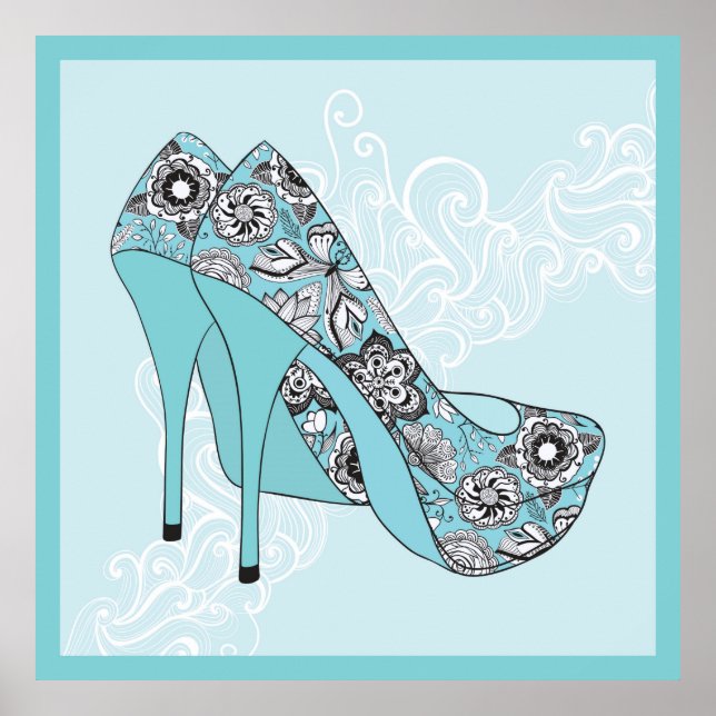 Stiletto Blommigt Shoes in Blue Black & White acce Poster (Framsidan)