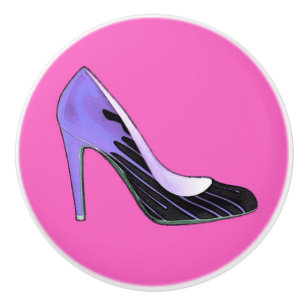 Stiletto-pump, blå på shock rosa/fuchsia knopp