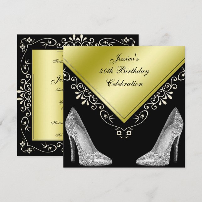 Stilettos & Decorative Swirls 40:e födelsedagen Inbjudningar (Fram/baksida)