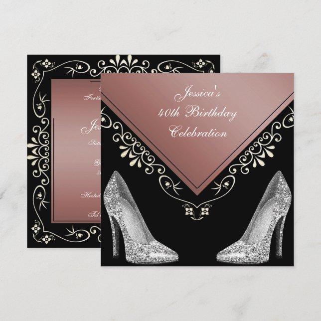 Stilettos & Decorative Swirls 40:e födelsedagen Inbjudningar (Fram/baksida)